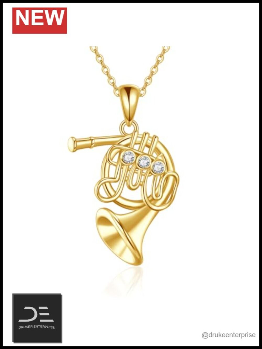 Sterling Silver French Horn Pendant Necklace 925 Music Jewelry Gift